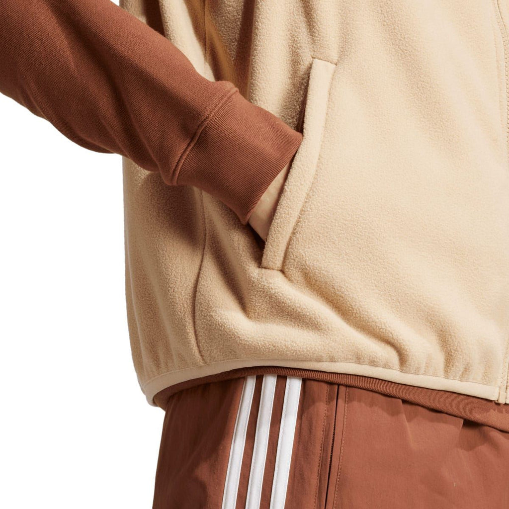 adidas Originals beige microfleece vest hem detail, full-zip front and striped trim