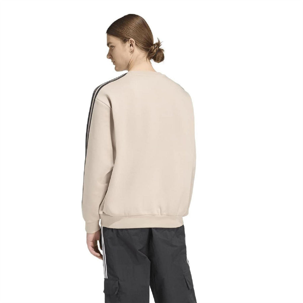 Back view of adidas stone khaki oversized sweatshirt with black 3-stripe sleeve detailing