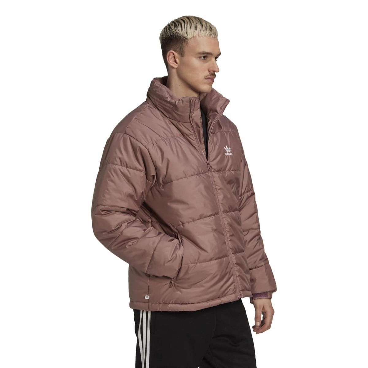 Burgundy padded puffer jacket with full-zip, quilted panels and chest logo