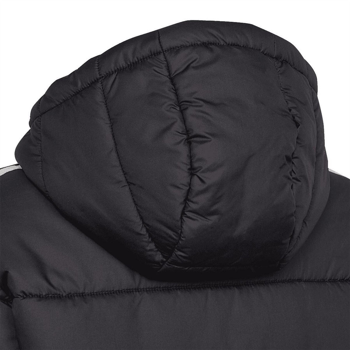 Black hooded padded jacket with thick quilted hood lining detail.