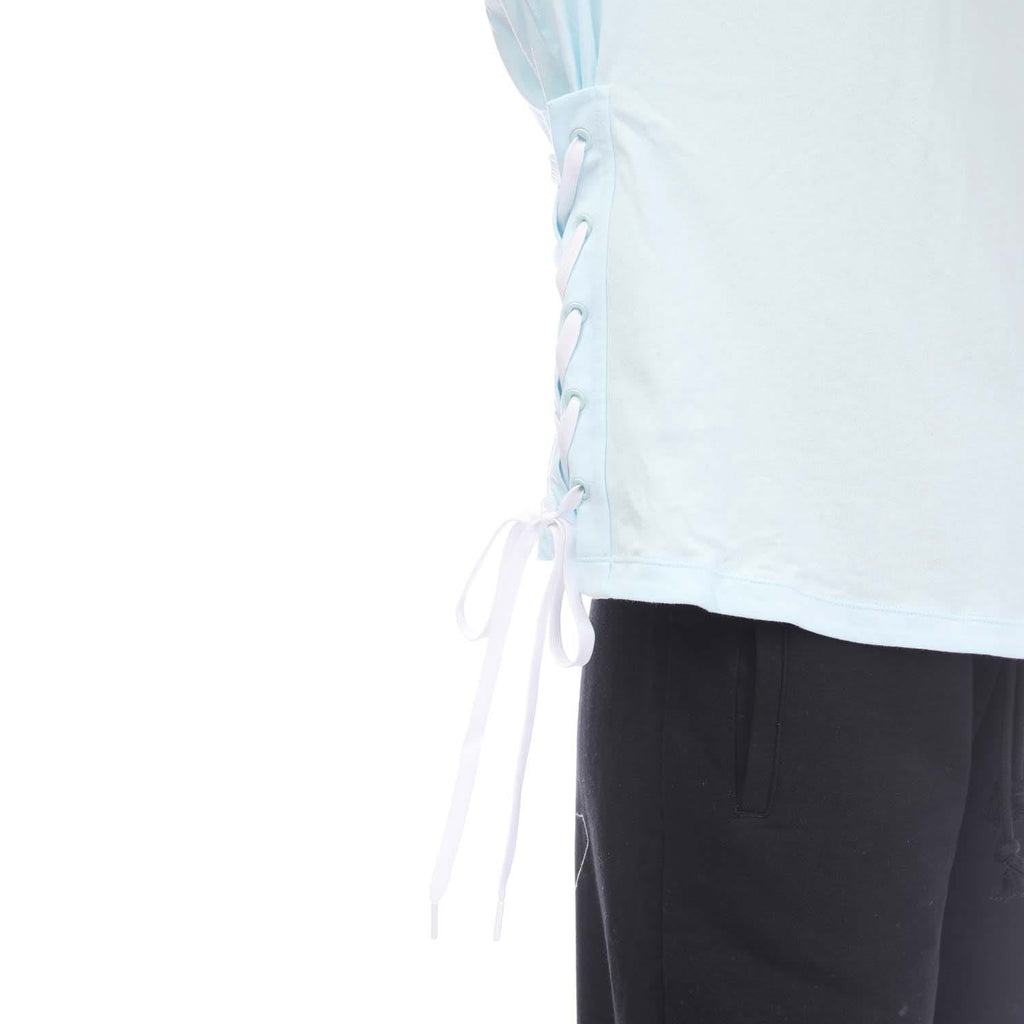Light blue T-shirt side lace-up ties with drawstring detail at hem, short sleeves