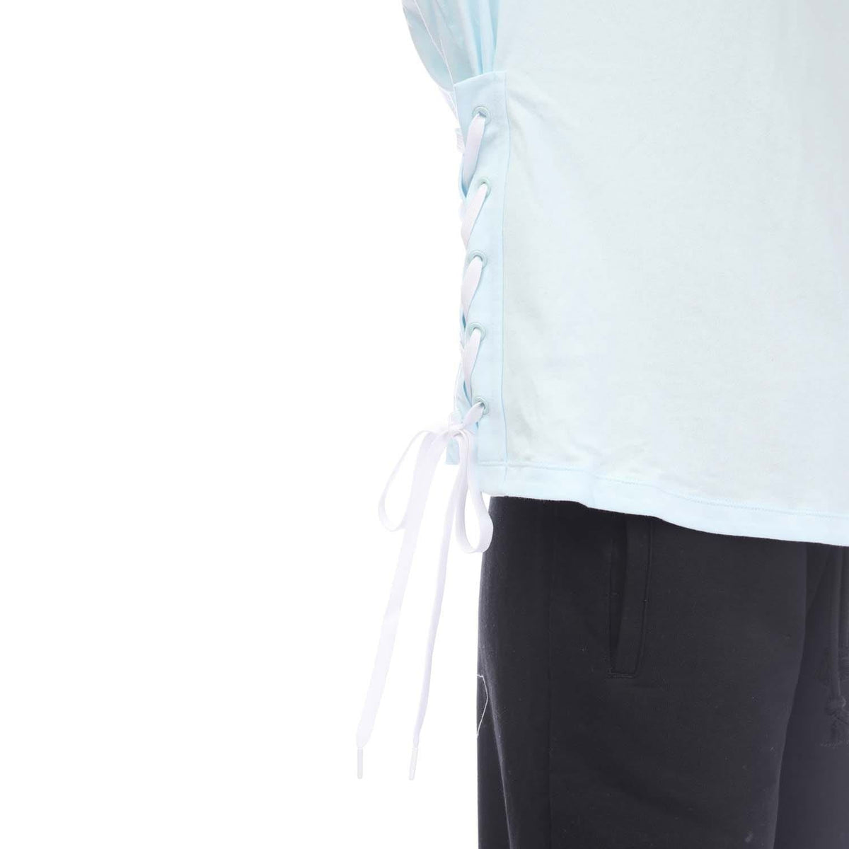 Light blue T-shirt side lace-up ties with drawstring detail at hem, short sleeves