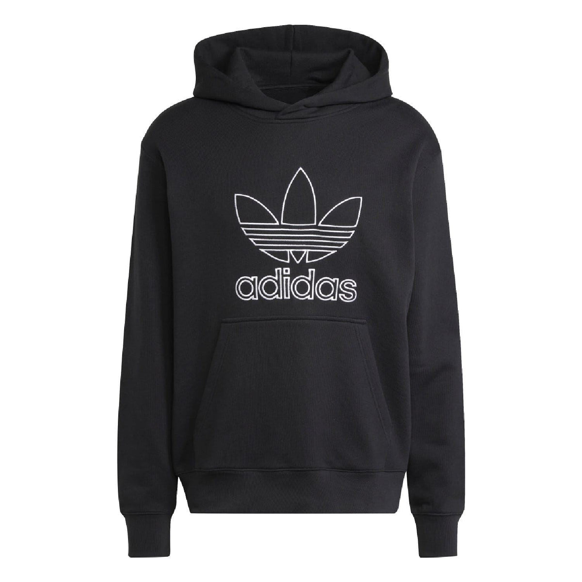 Black pullover hoodie with drawstring hood and adidas trefoil outline chest graphic