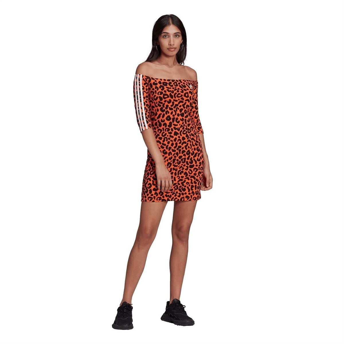 Adidas off-shoulder mini jersey dress in orange leopard print, white sleeve stripes