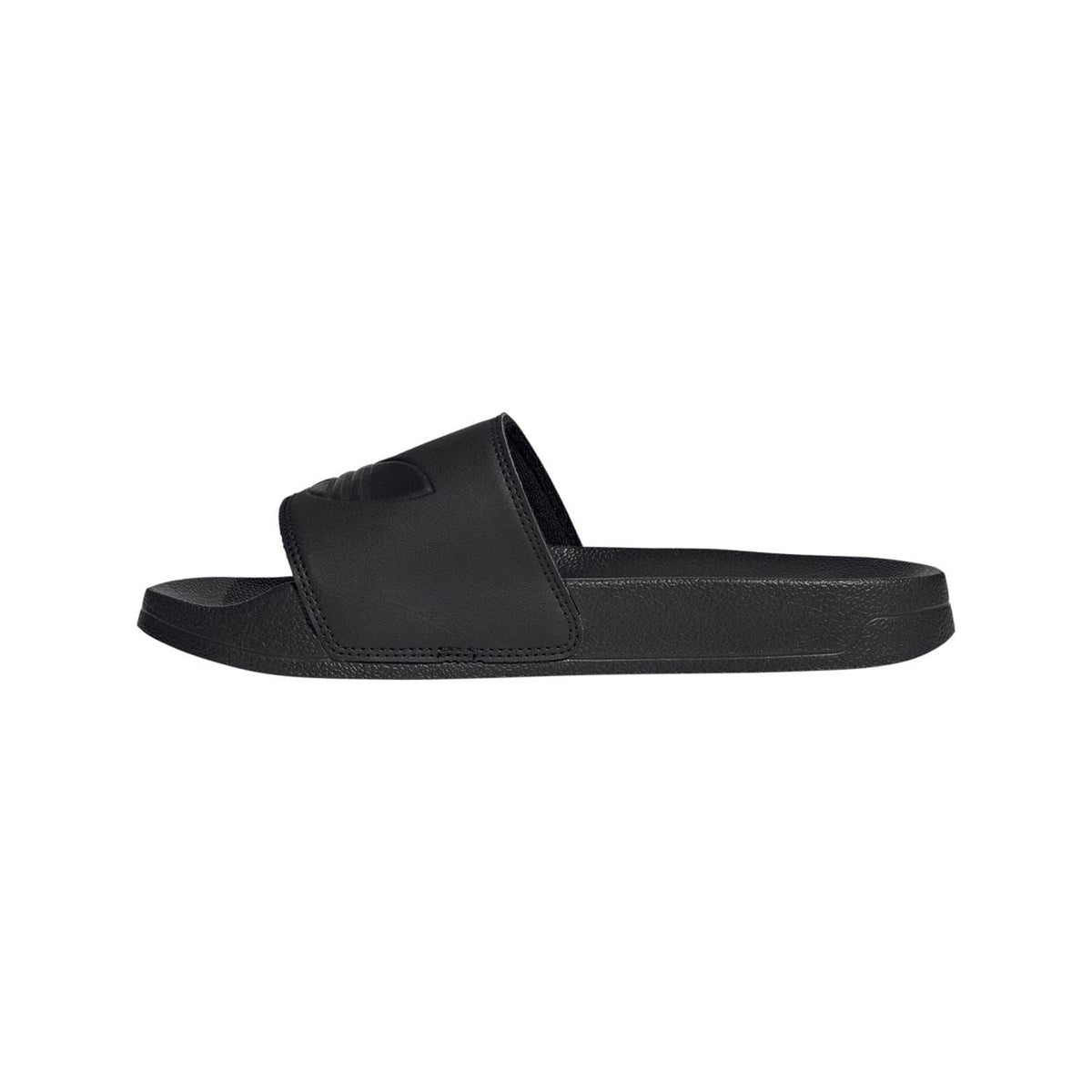 Black slide sandals with single wide strap and contoured footbed