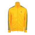 Yellow track jacket with full zip, stand collar, adidas logo, and navy sleeve stripes