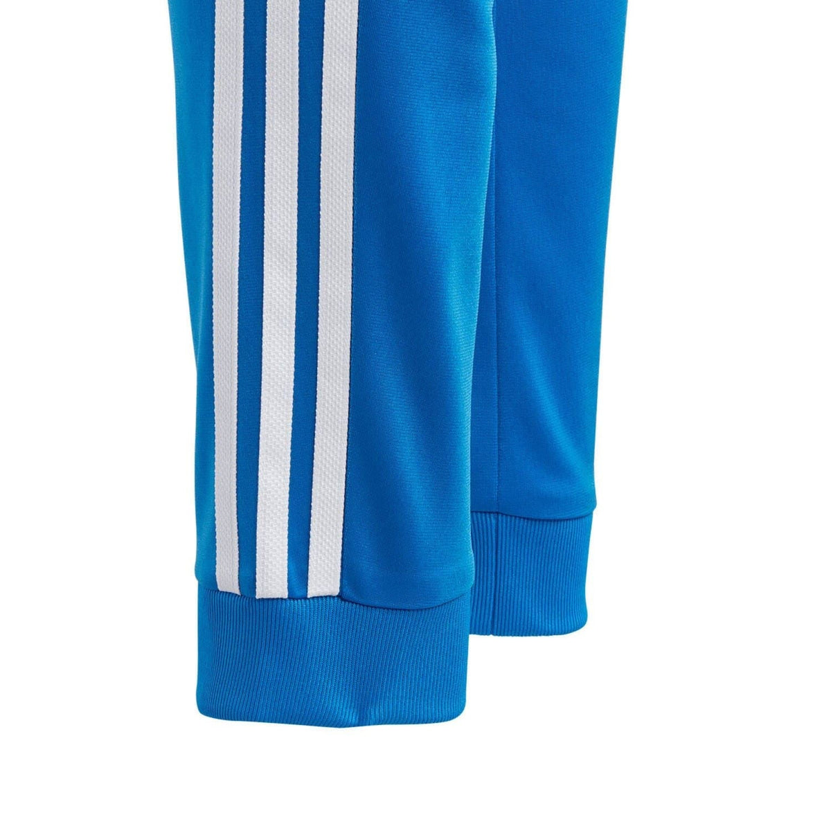 Blue track pants with white vertical stripe panels and ribbed ankle cuffs