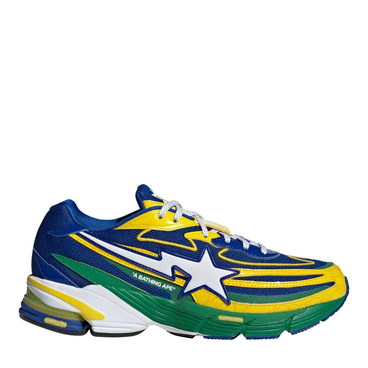 Color-block trainers in blue, yellow, and green with white star logo on side