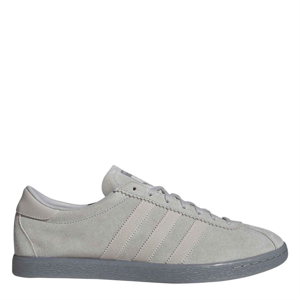 Adidas Originals suede trainers in light grey, lace-up with three stripe panels