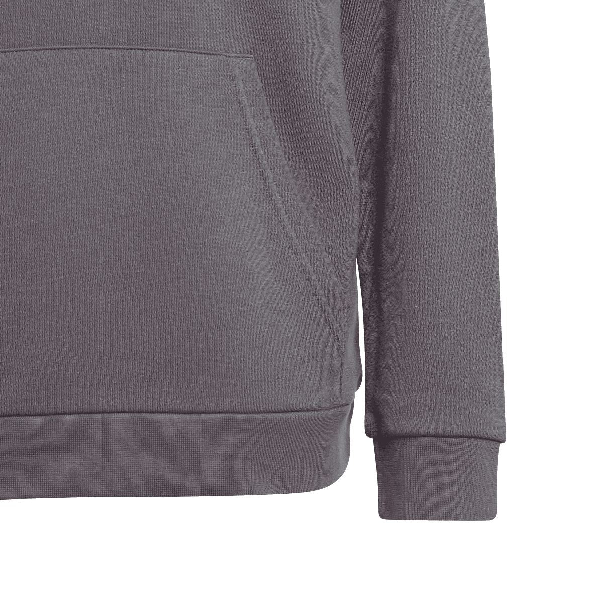 Grey junior hoodie front panel detail with kangaroo pocket and ribbed cuffs