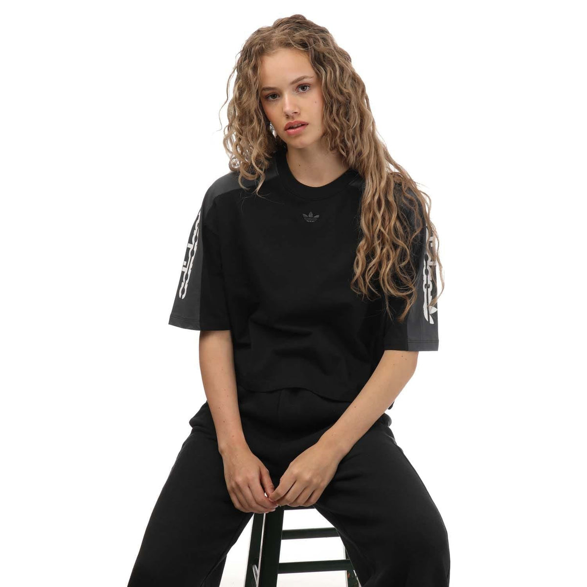 adidas Originals black graphic crop T-shirt, crew neck, short sleeves, front and sleeve logos