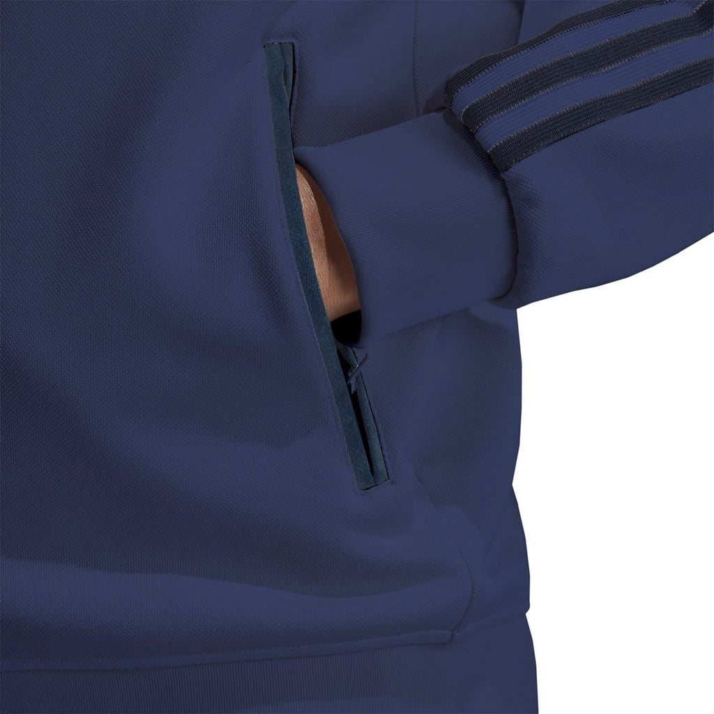 Navy athletic top with full-zip pocket and contrast stripe sleeve detail