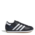 Black leather low-top sneakers with white three-stripe design, lace-up front, gum sole.