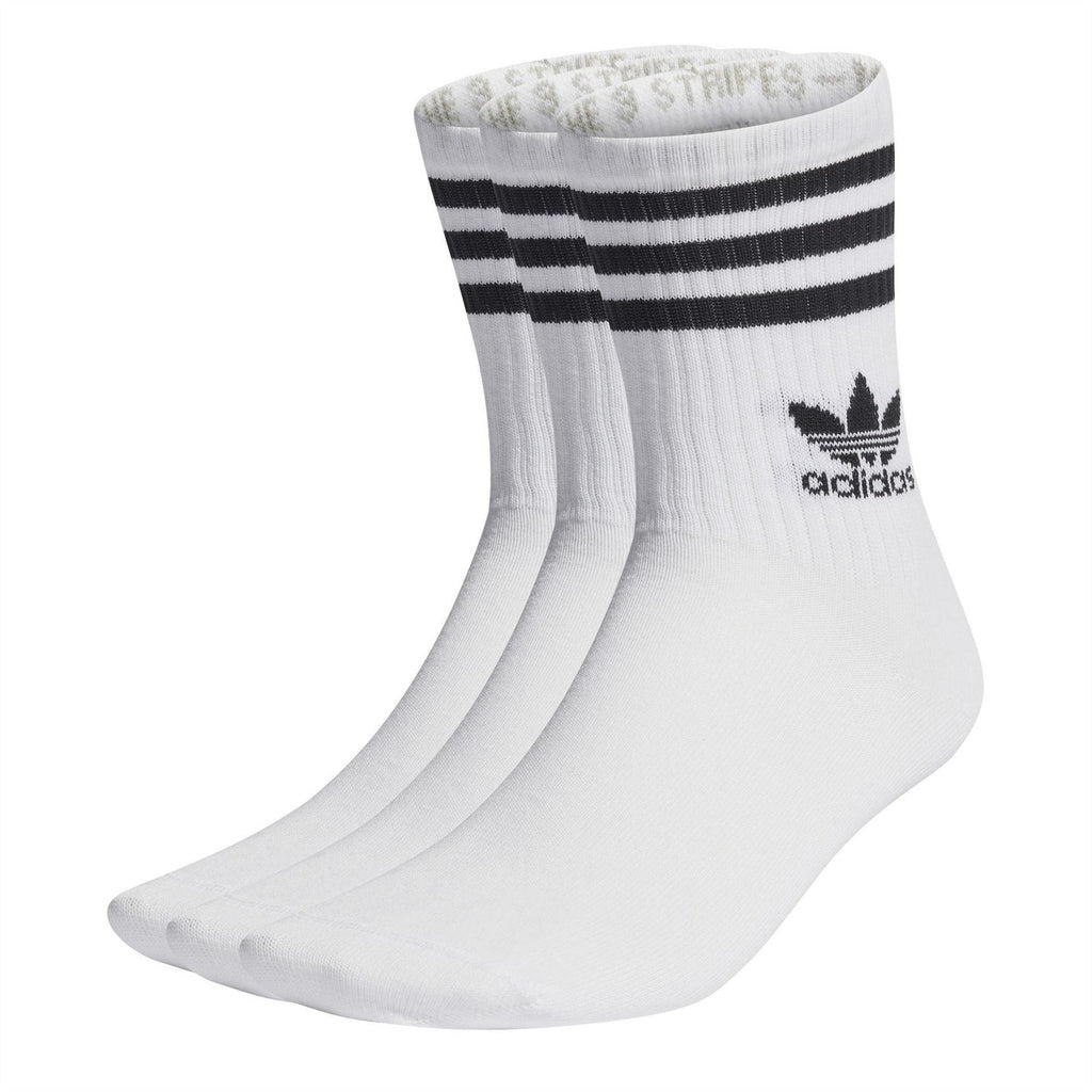 White crew socks with black ribbed stripes and adidas logo, 3-pack set
