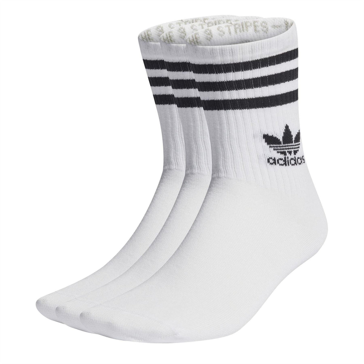 White crew socks with black ribbed stripes and adidas logo, 3-pack set