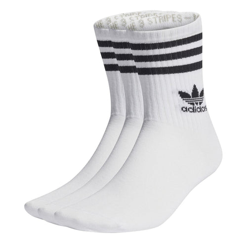 White crew socks with black ribbed stripes and adidas logo, 3-pack set