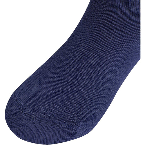 Navy ankle socks with ribbed knit texture and rounded toe.