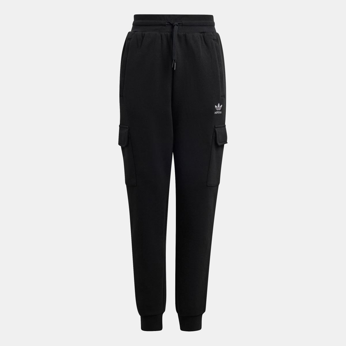 Black fleece cargo joggers with cuffed hems, drawstring waist, and cargo pocket detailing