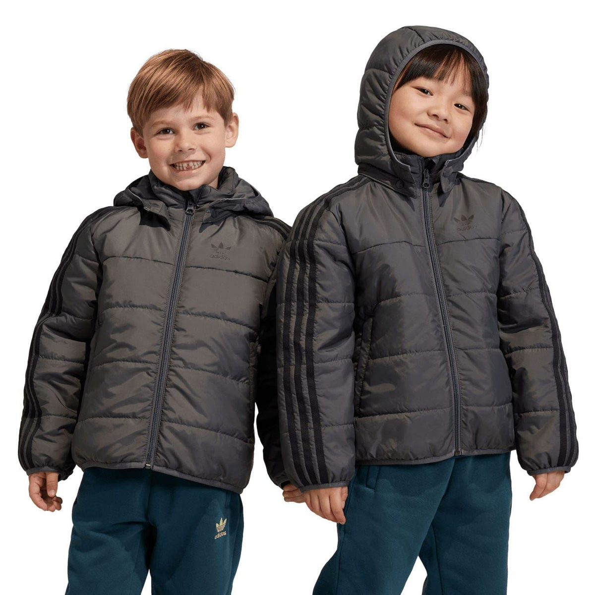 Grey kids padded hooded jacket with full-zip front, side stripe detailing, Adidas logo