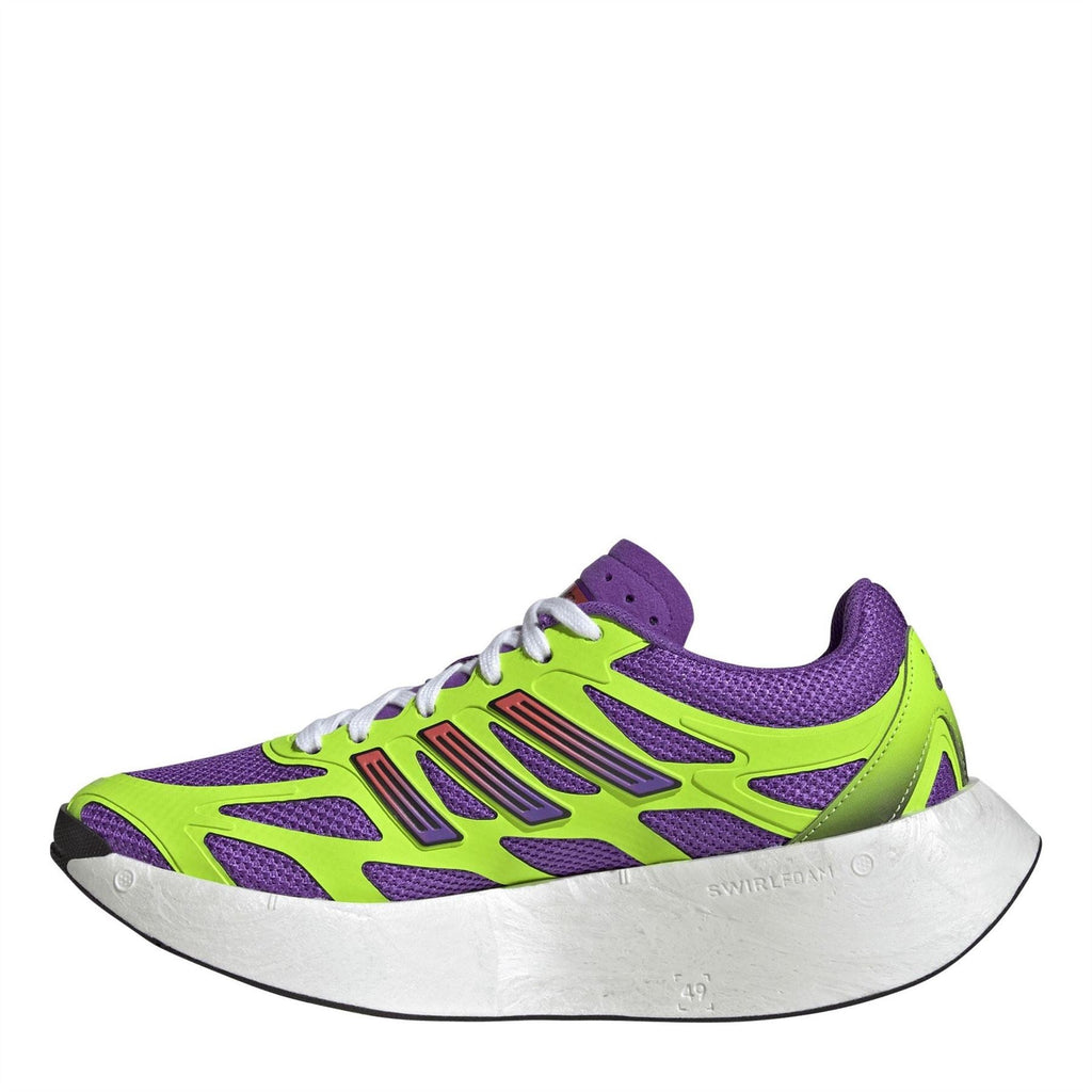 Neon green and purple Adidas Originals Adizero Aruku running shoe, side view, white laces