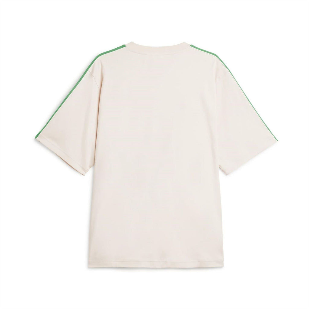 Cream logo T-shirt with green triple stripe detailing along both sleeves