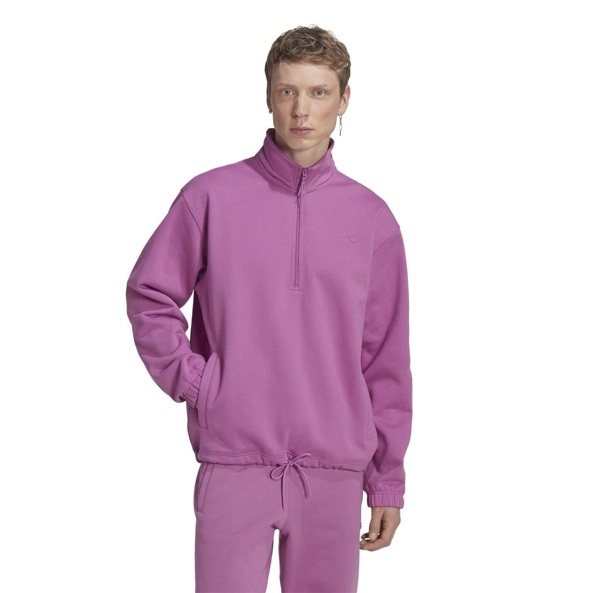 Purple half-zip crew sweatshirt with drawstring hem and ribbed cuffs.