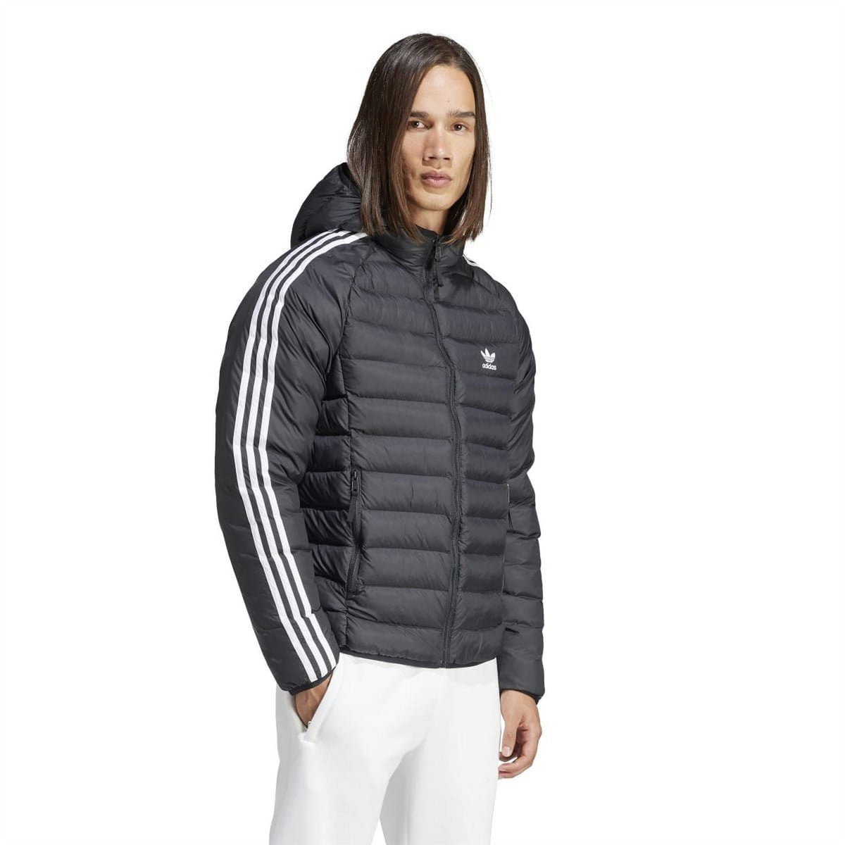 Adidas Originals hooded puffer jacket with quilted design, front zipper, and adjustable hood, ideal for cold weather.
