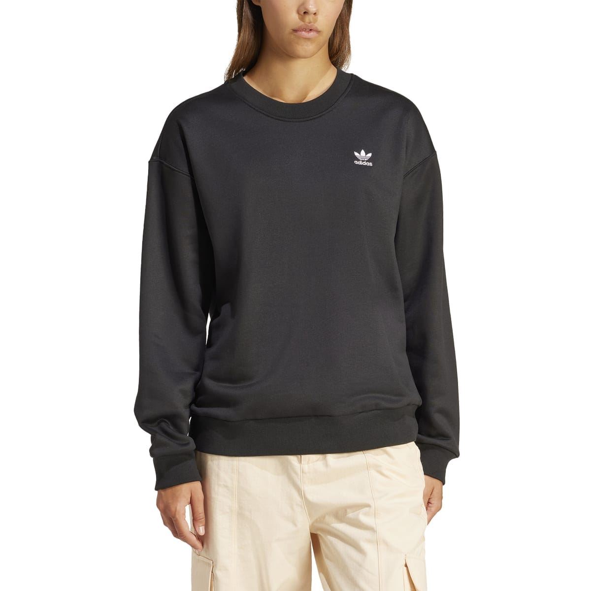Black crew sweatshirt with small adidas trefoil logo and ribbed cuffs and hem