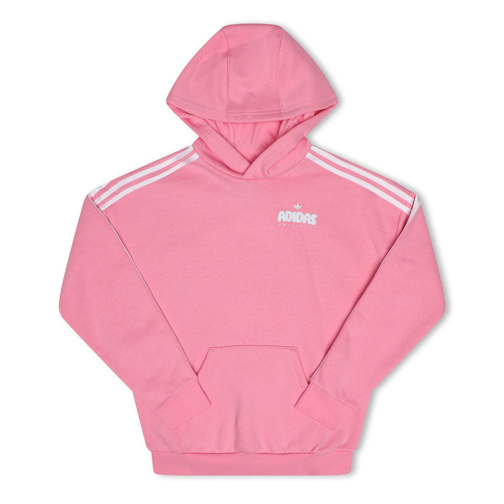 Kids pink adidas Originals hoodie with hood, kangaroo pocket, and white shoulder stripes