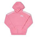 Kids pink adidas Originals hoodie with hood, kangaroo pocket, and white shoulder stripes