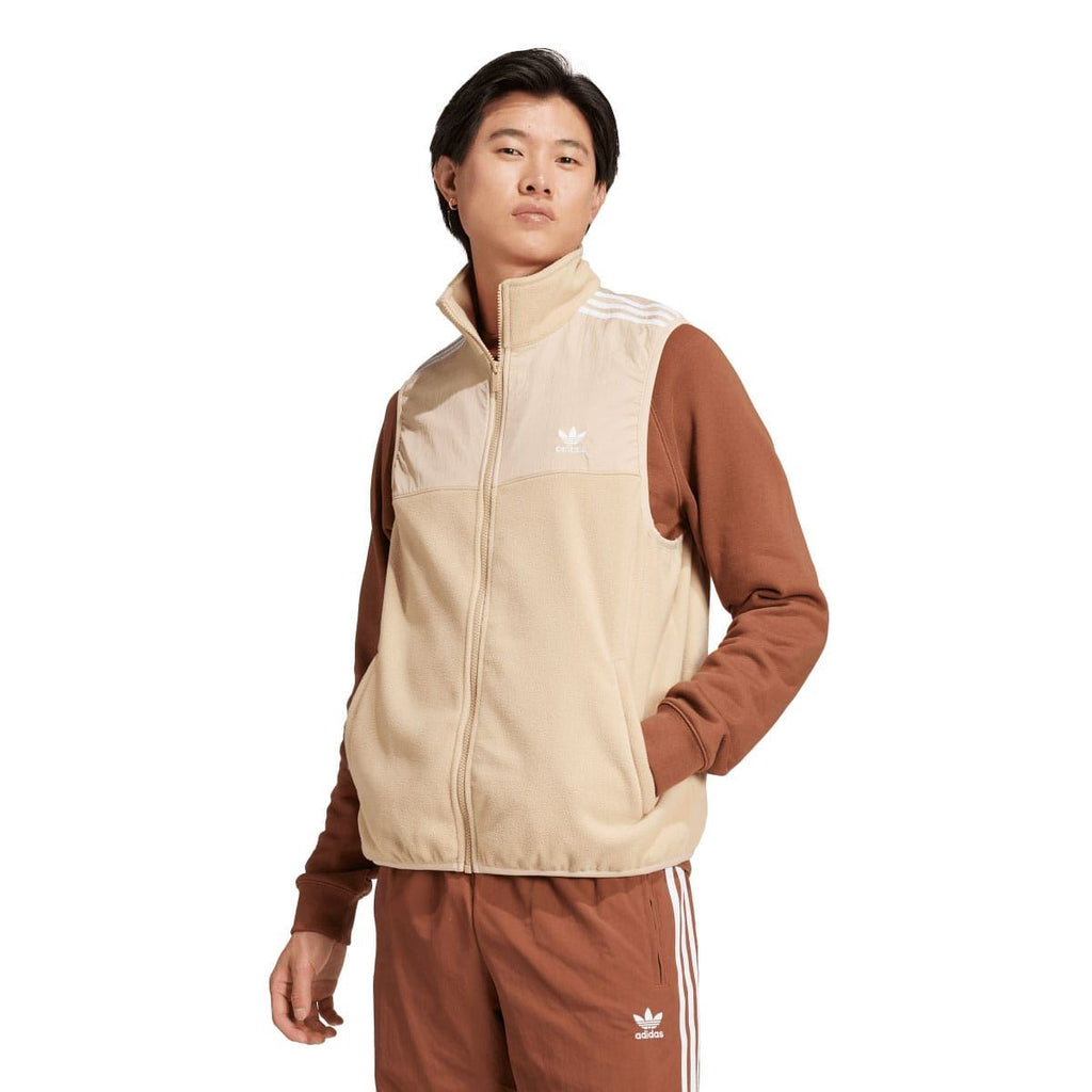 adidas Originals beige microfleece vest with full-zip and high neck, chest trefoil logo