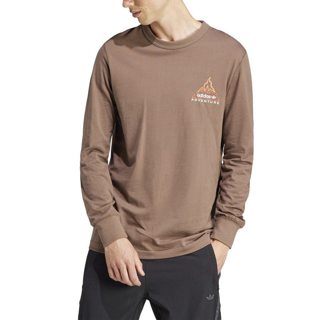 adidas Originals brown long-sleeve graphic T-shirt with orange adventure logo; crew neck