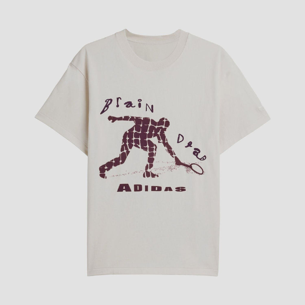 Front of cream T-shirt with purple robot graphic and 'ADIDAS' text