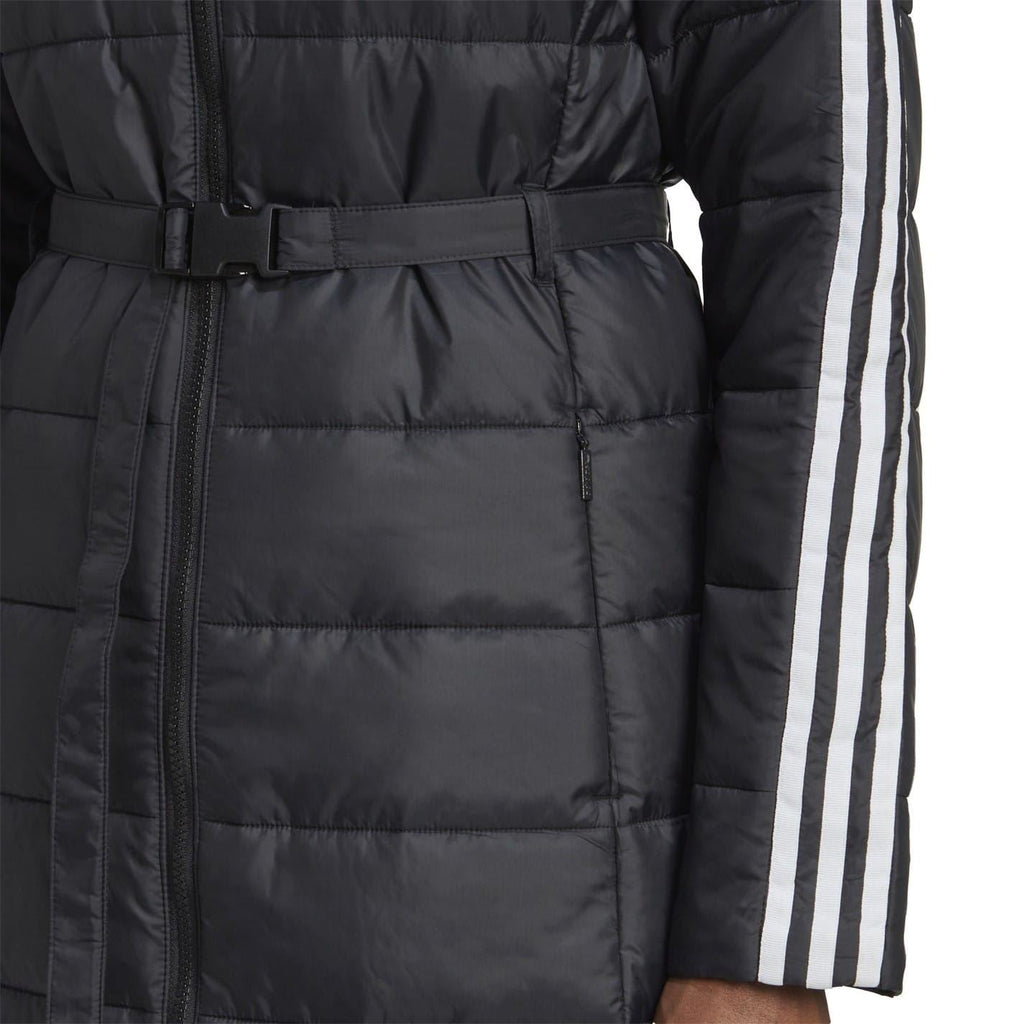 Black puffer jacket waist belt and front zip with white 3-stripe side panels.