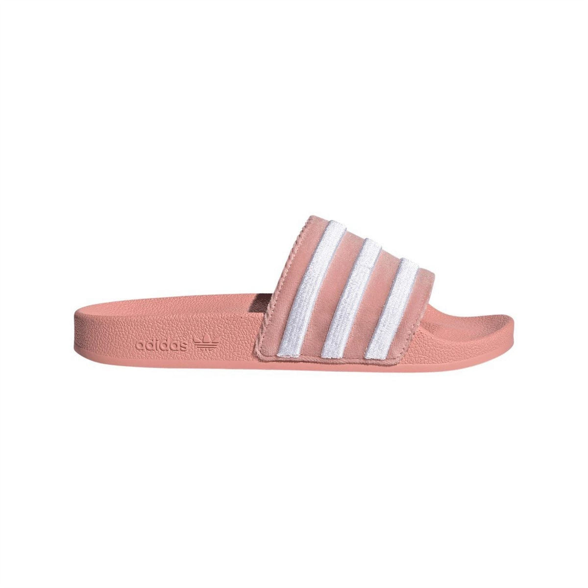 Mauve adidas Adilette slide sandals with three white-gray striped straps