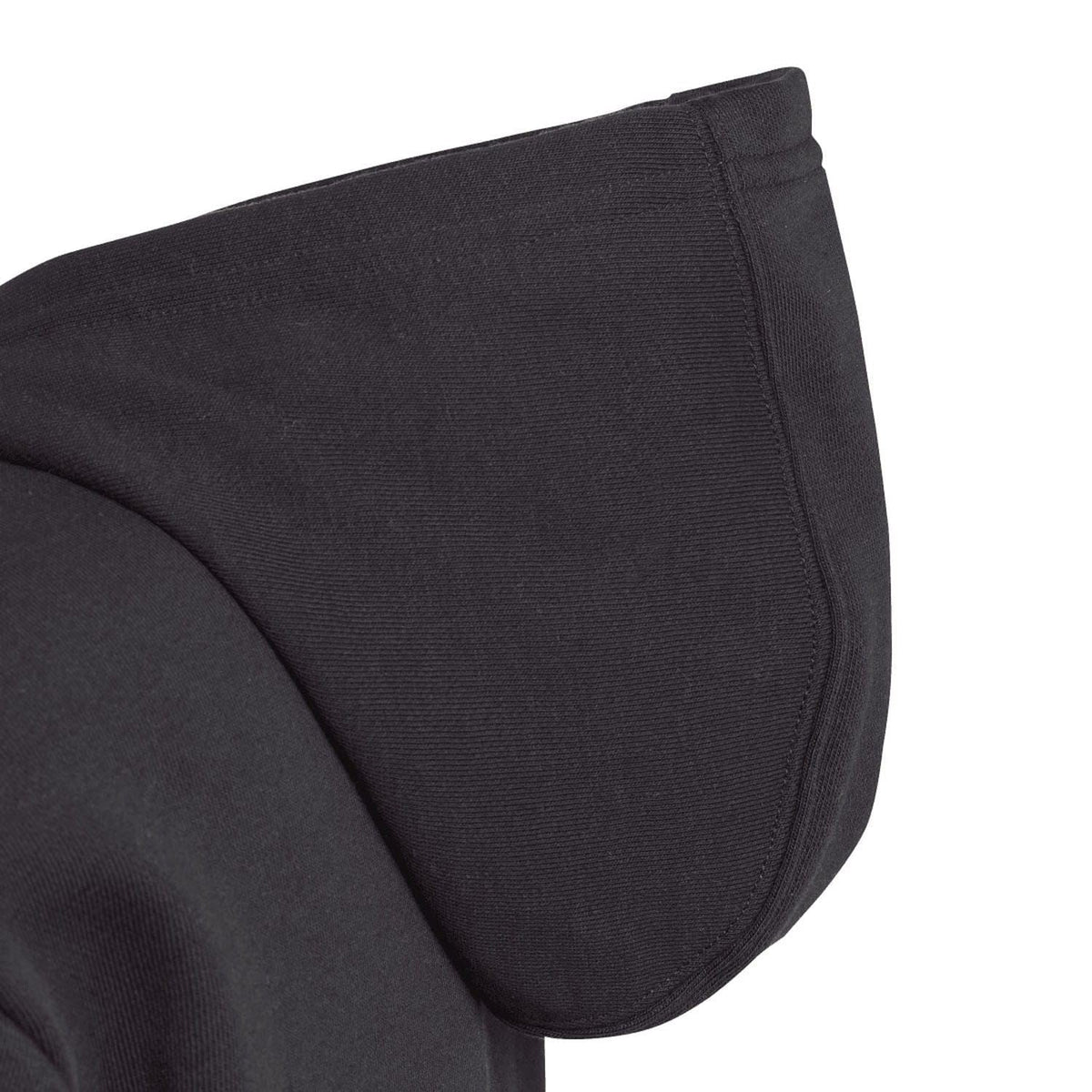 Black hoodie sleeve with ribbed cuff edge and stitched seam detail.