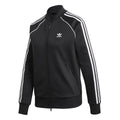 Black track top with full-zip front, ribbed cuffs, and white triple sleeve stripes