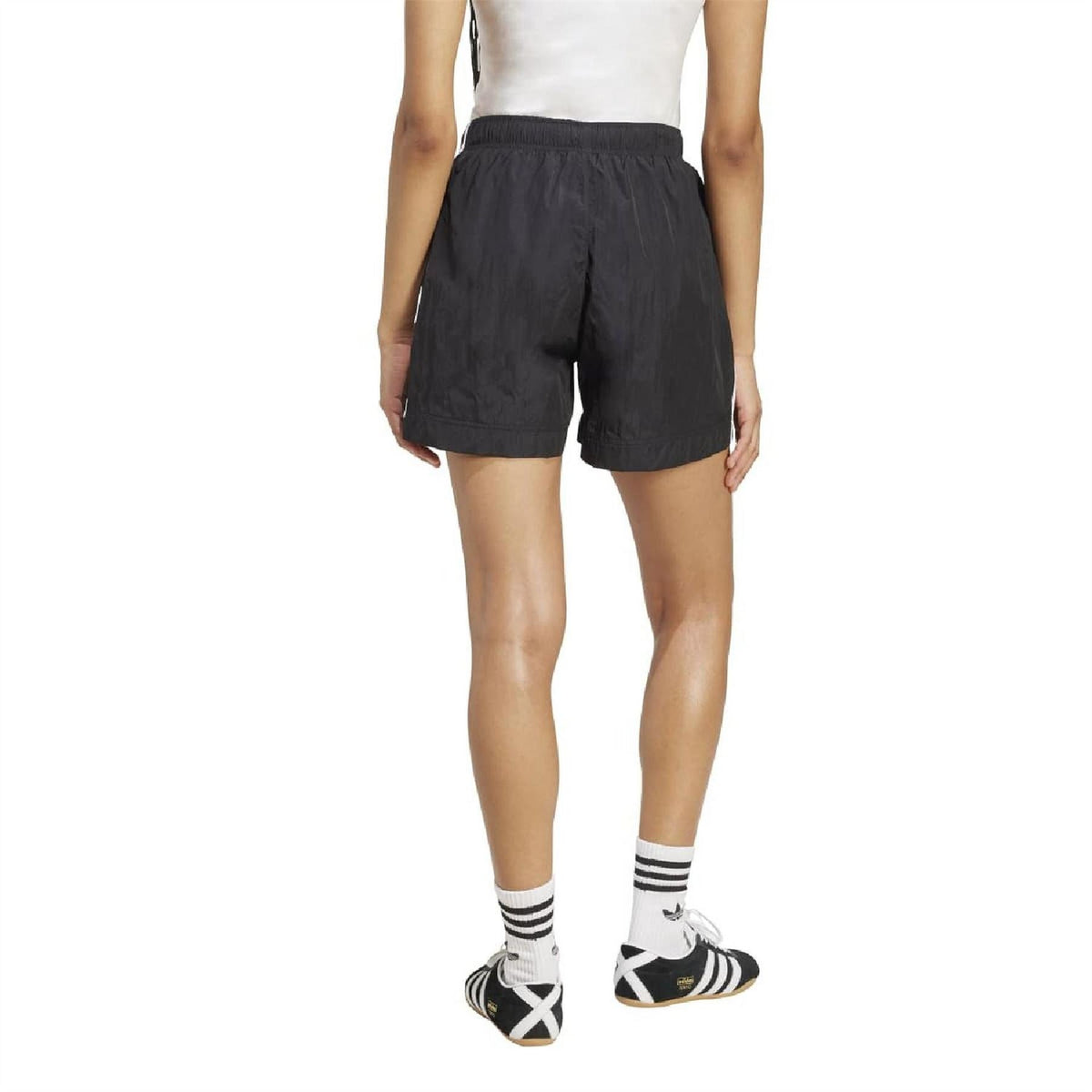 Black woven shorts back view with elastic waistband and relaxed fit.