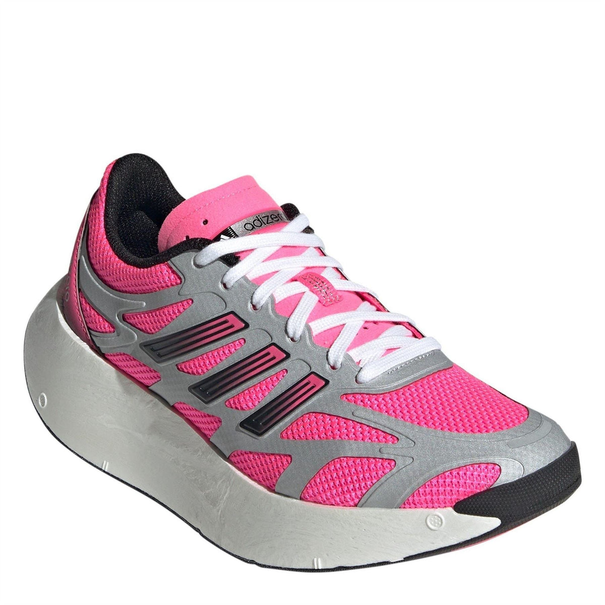 adidas running shoe with pink and gray mesh upper, white lace-up and thick light sole