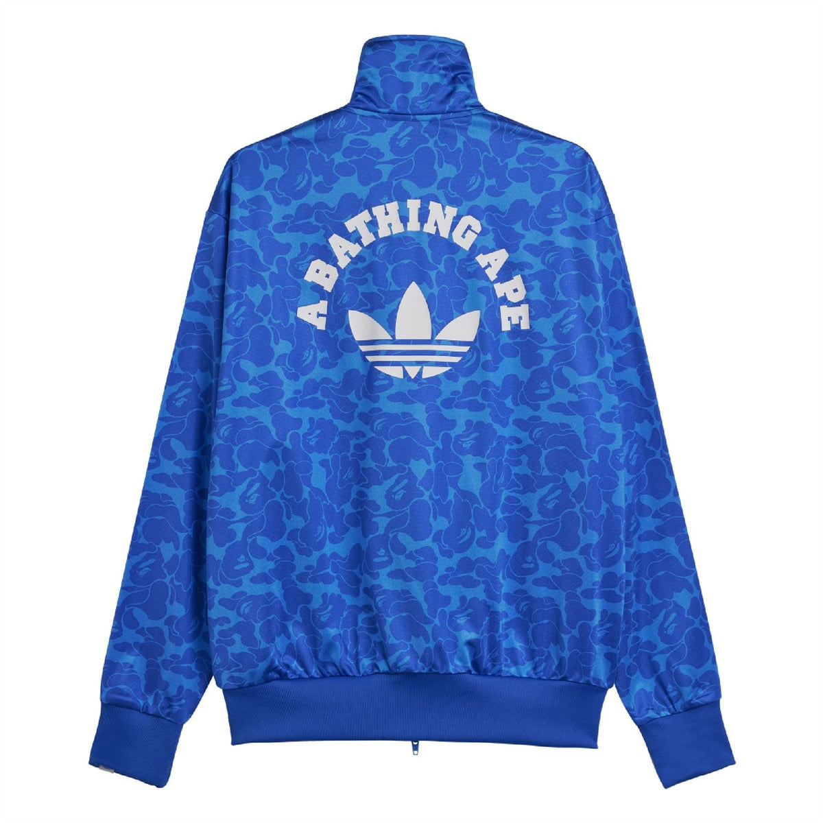adidas Originals Bape Firebird Track Top in black with colorful graphics, shown on a hanger with front view.