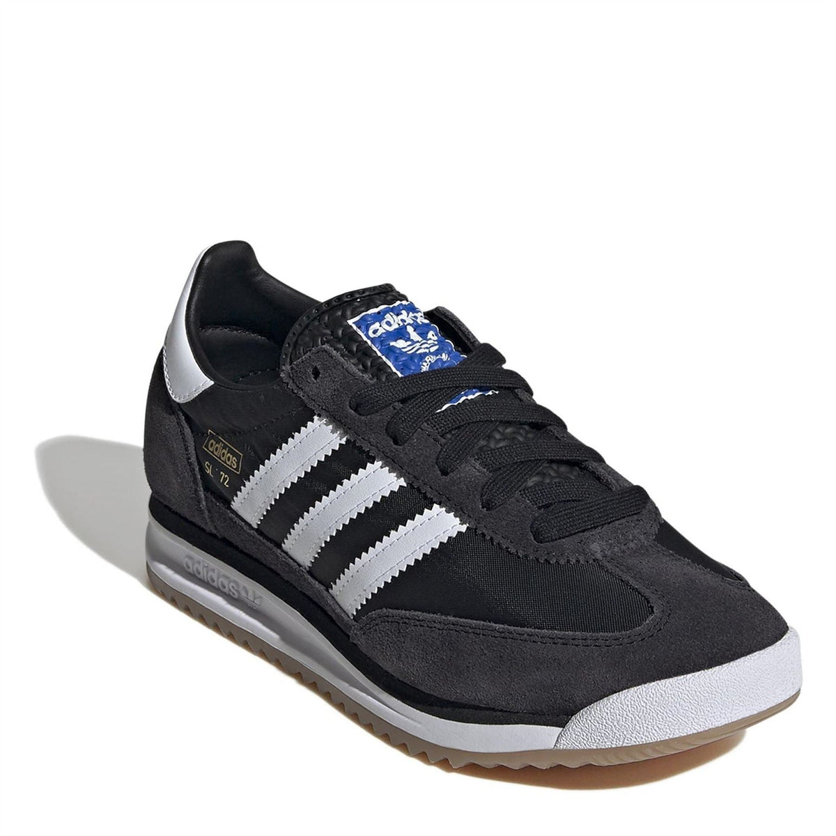 Black suede low-top lace-up sneakers with white stripes and blue patterned tongue