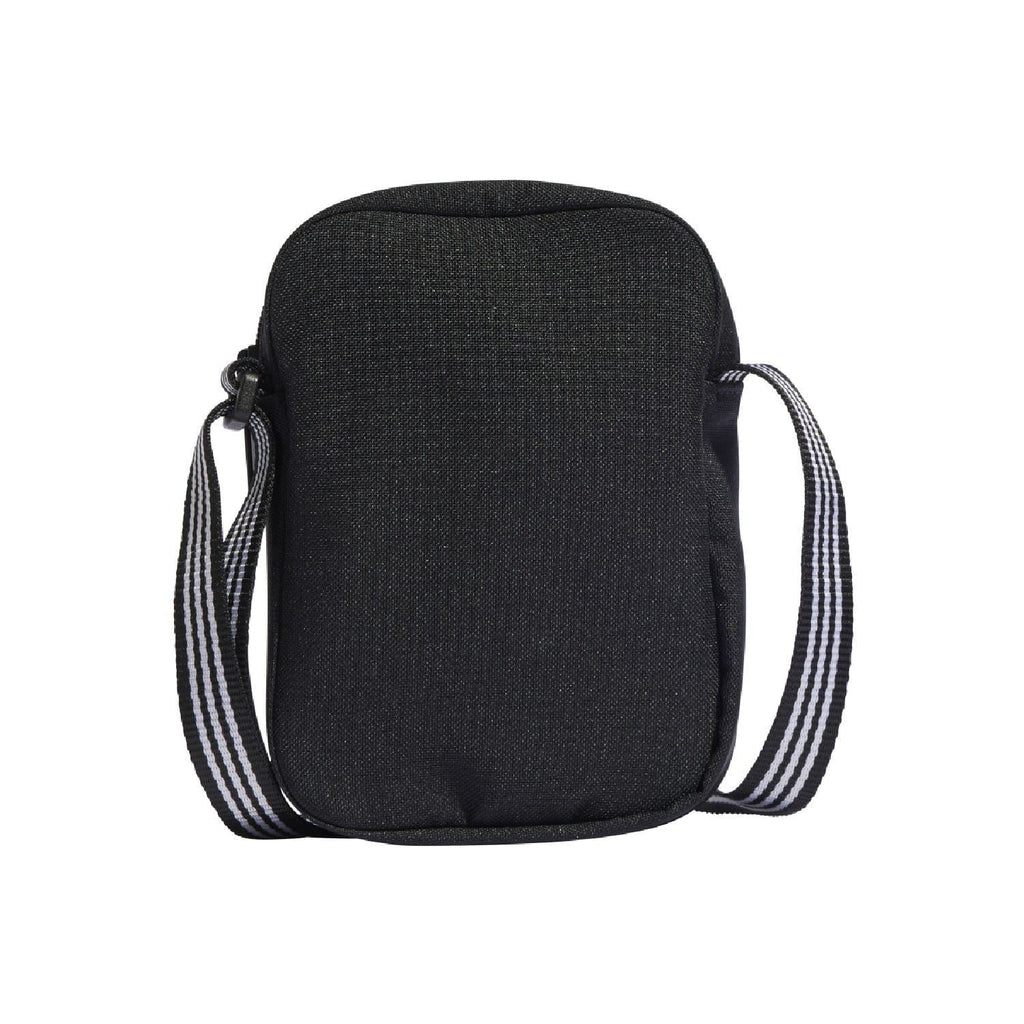 Black adidas Originals festival bag, front view with zip closure and crossbody strap