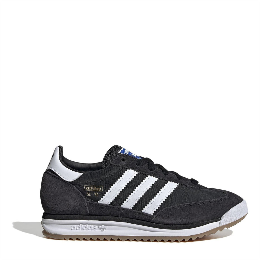 Black suede low-top lace-up sneakers with white triple stripes and gum sole