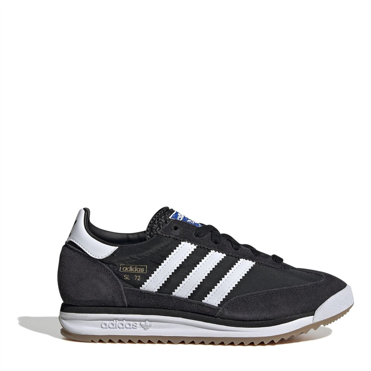 Black suede low-top lace-up sneakers with white triple stripes and gum sole