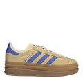 Beige suede Gazelle Bold sneakers with blue stripes and lilac heel panel