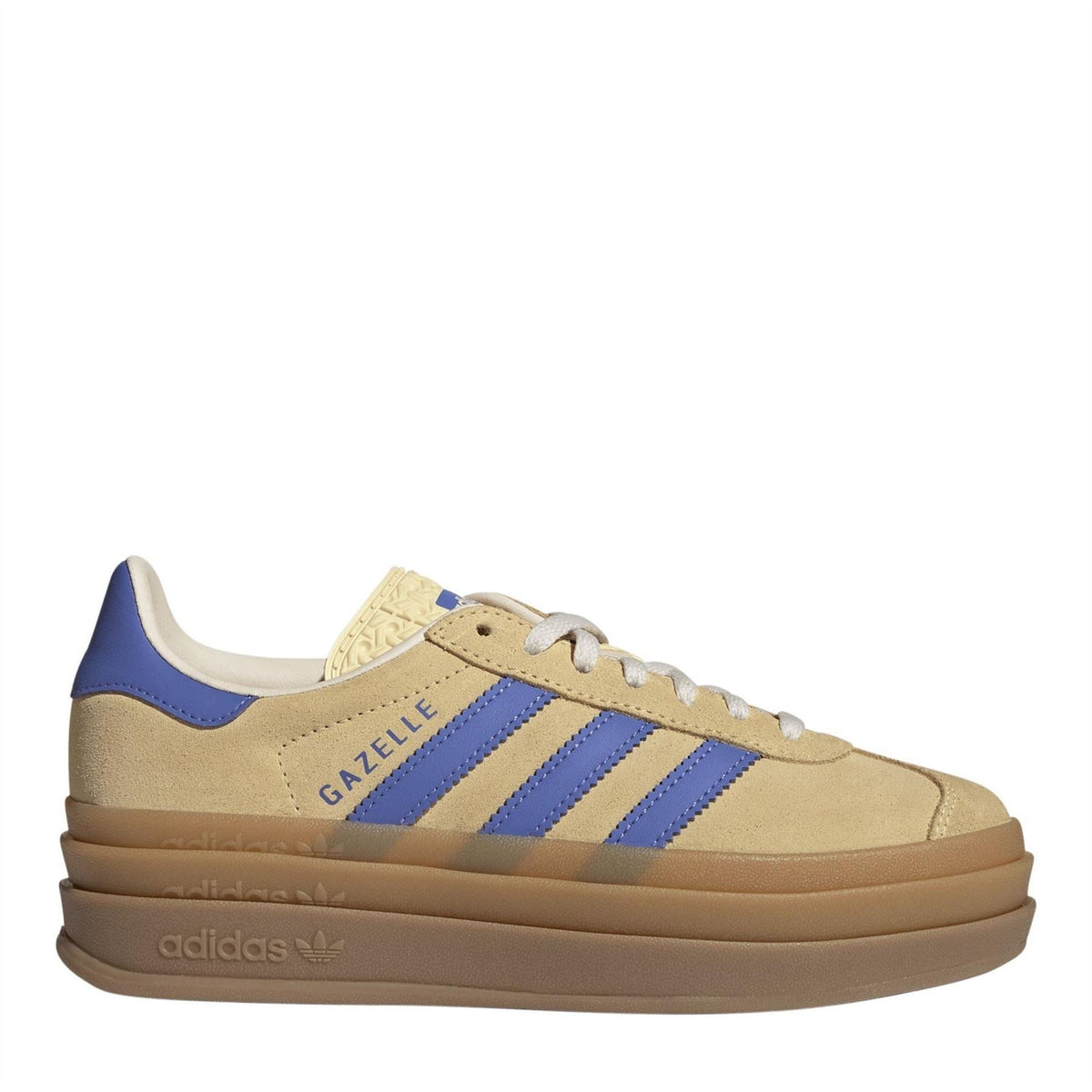 Beige suede Gazelle Bold sneakers with blue stripes and lilac heel panel