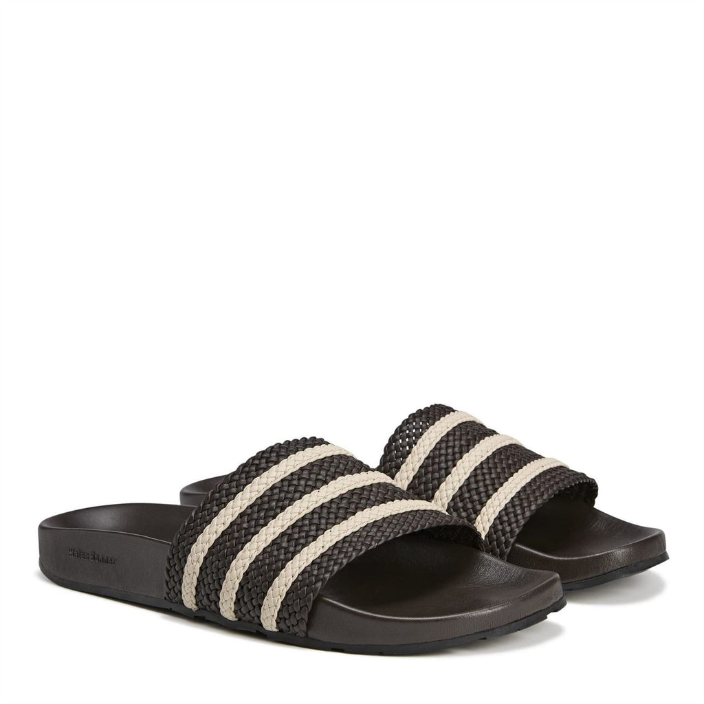 Pair of dark brown adidas adilette slides with woven strap and cream triple stripes