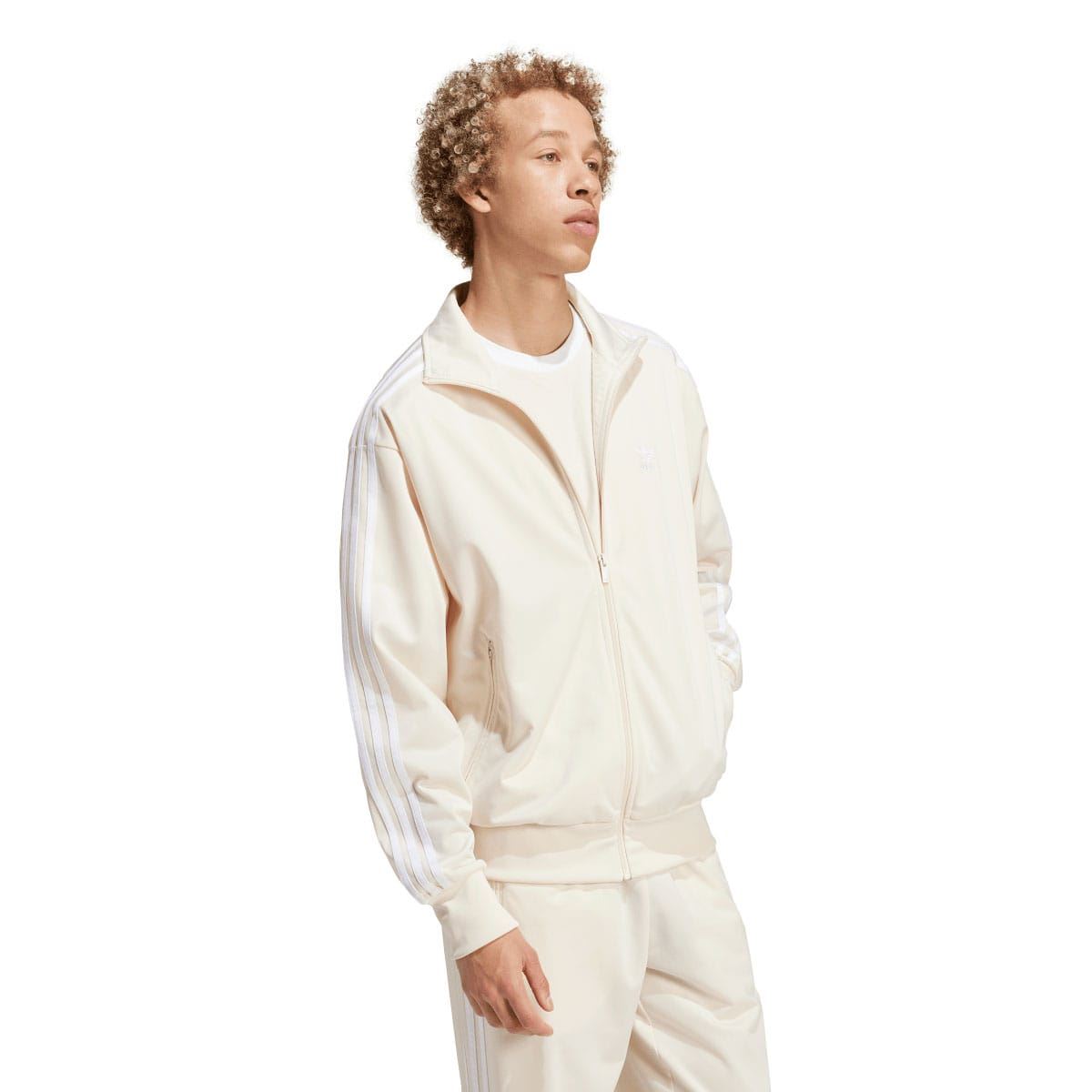 adidas Originals white track top with high neck zip and contrasting sleeve stripes