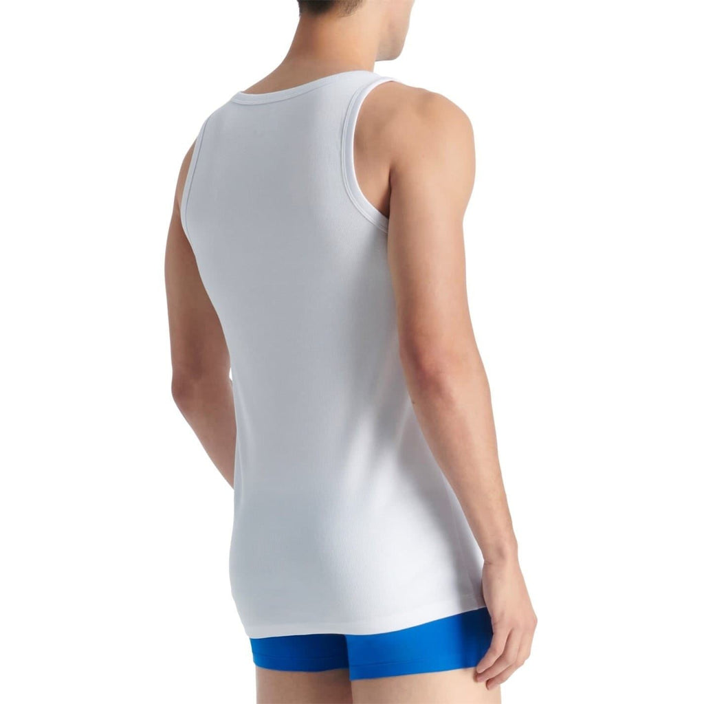 White tank top back view with scoop neck and ribbed armhole openings