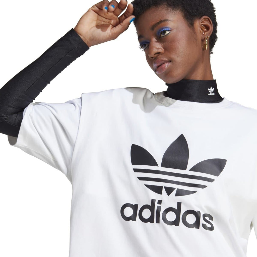 White adidas Originals T-shirt closeup of chest trefoil logo and adidas wordmark